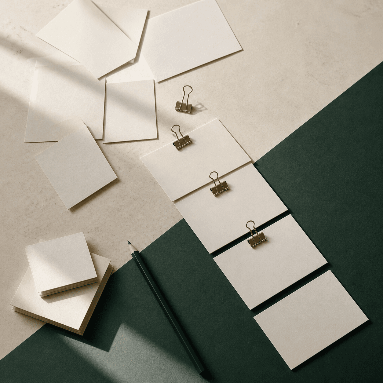 Blank notes gradually arranged into a sequence across ivory and green surfaces