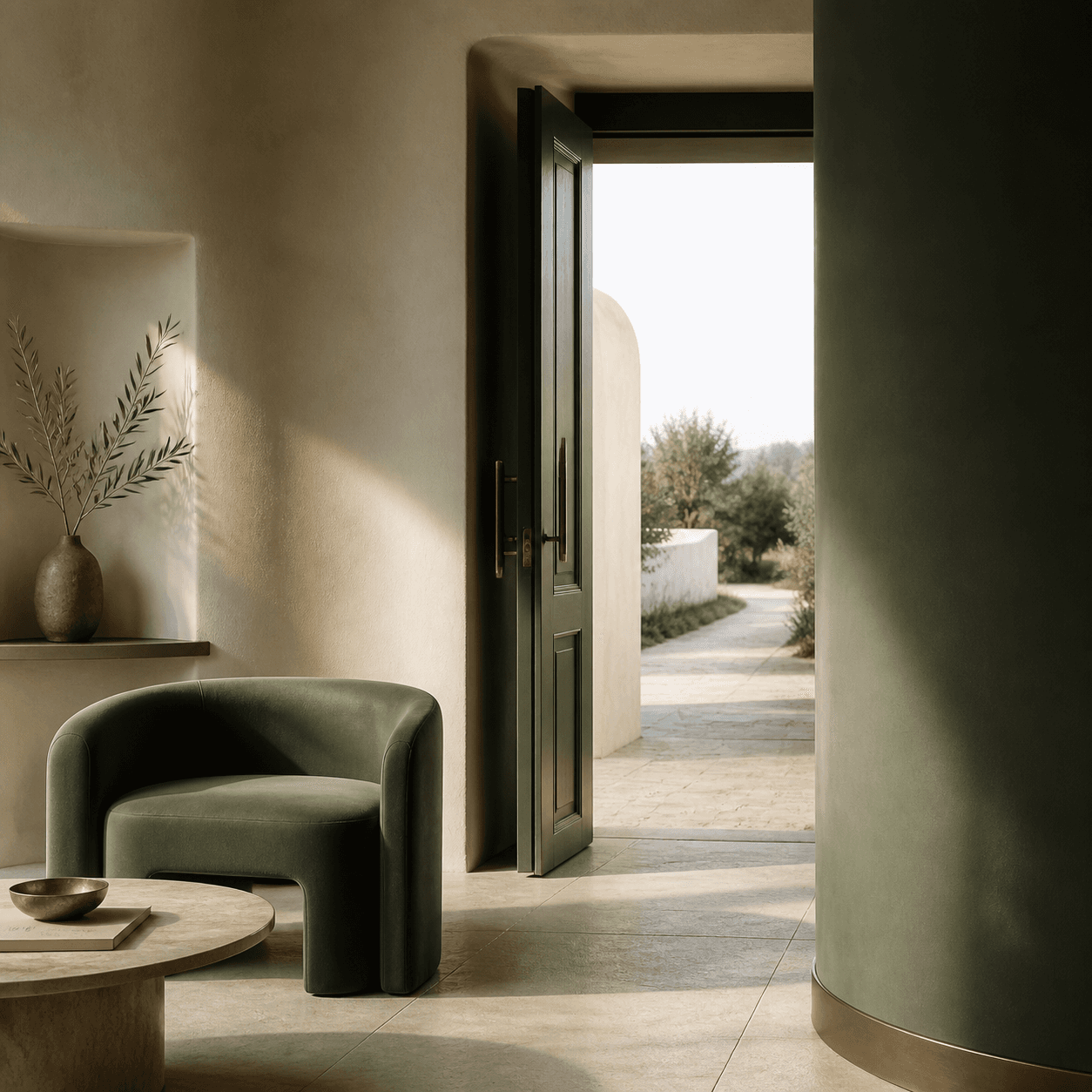 A quiet olive-green chair beside an open doorway filled with morning light
