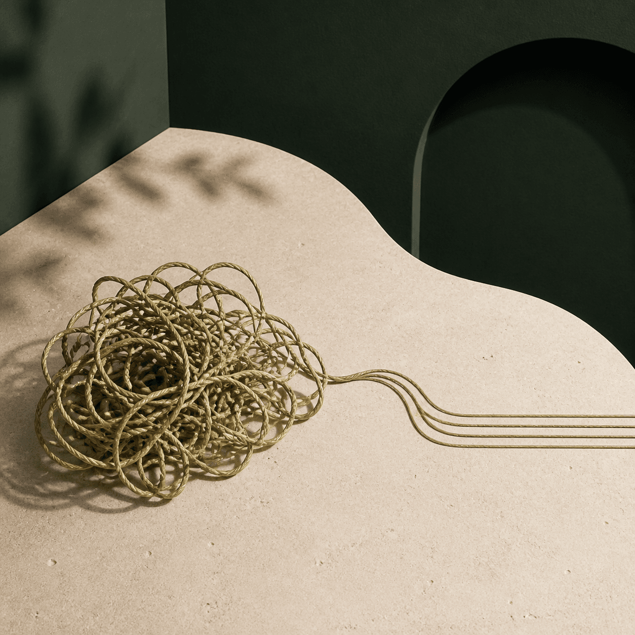 A tangled brass thread gradually becoming straight across a limestone surface