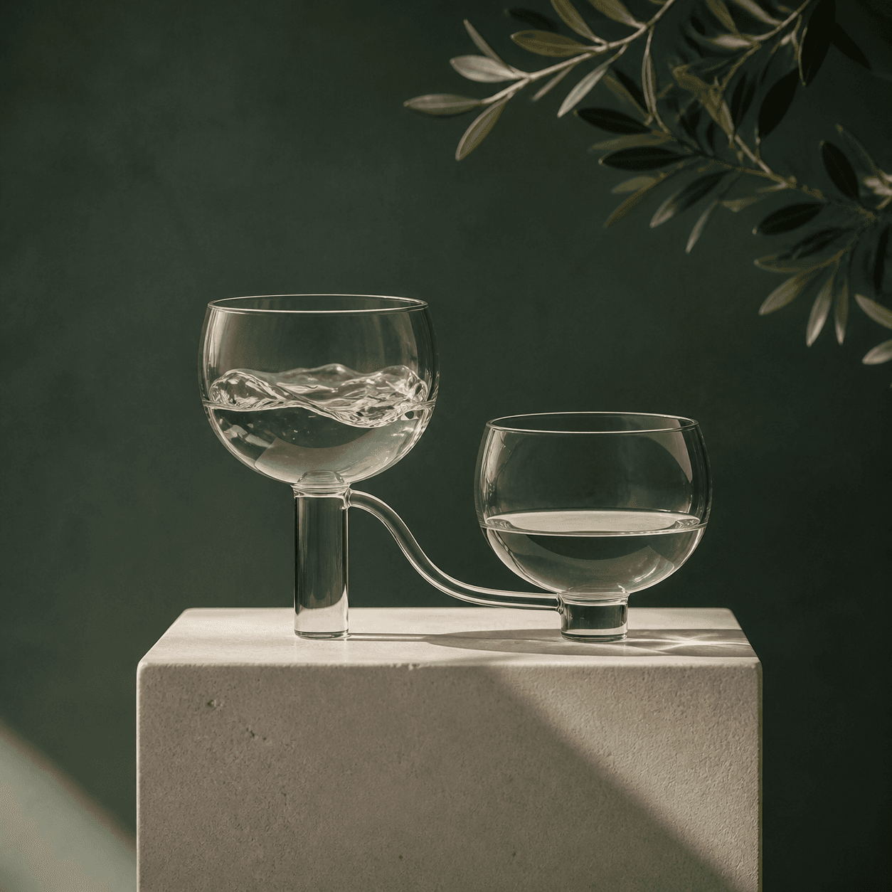 Two clear glass vessels joined together against a deep green background