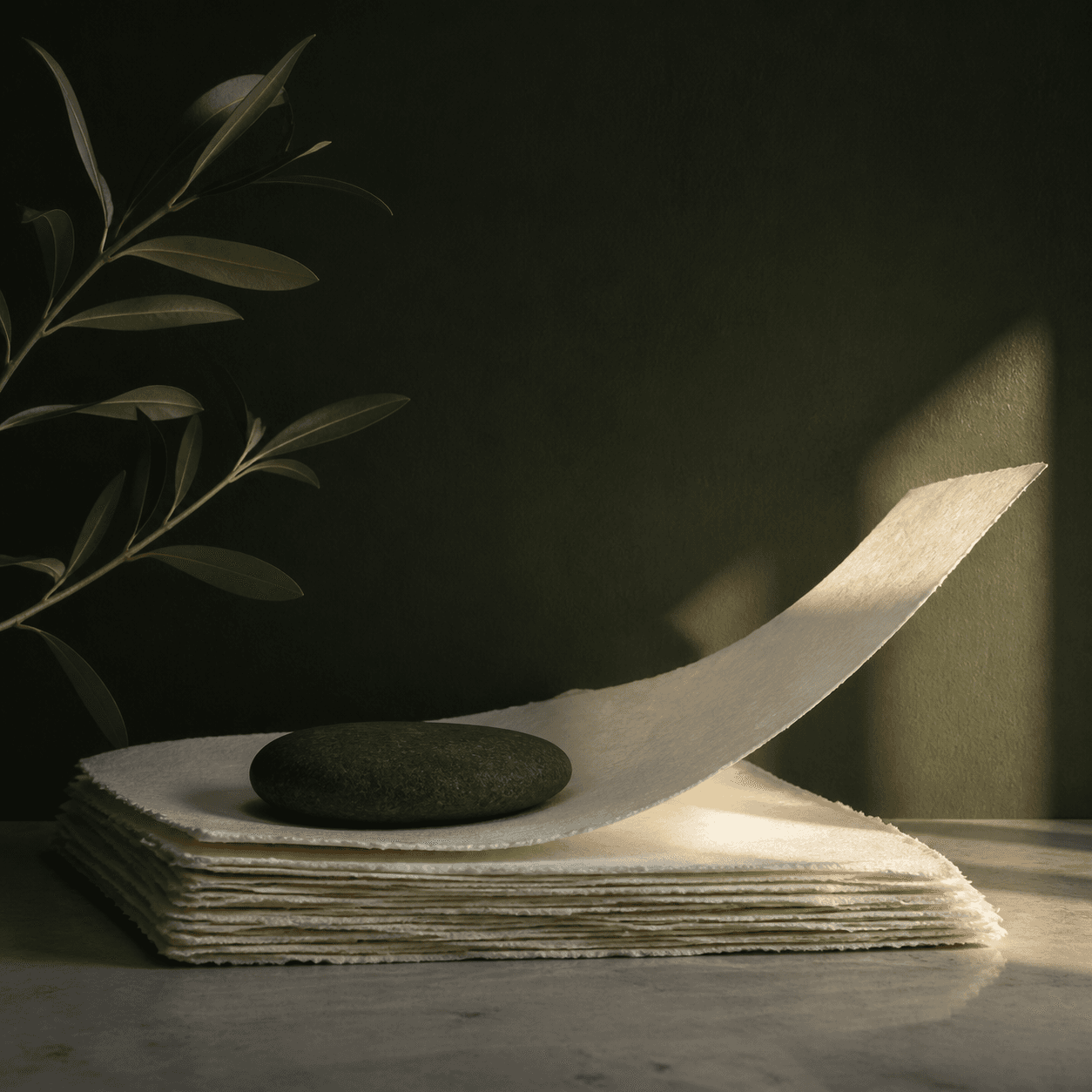A dark stone resting on layered paper that curves upward into warm light
