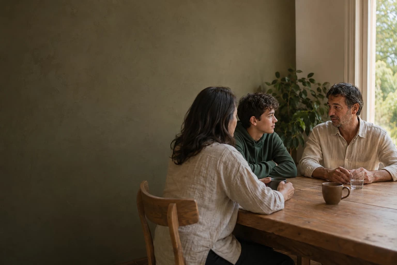 Two adults and an adolescent sharing a quiet conversation around a wooden table