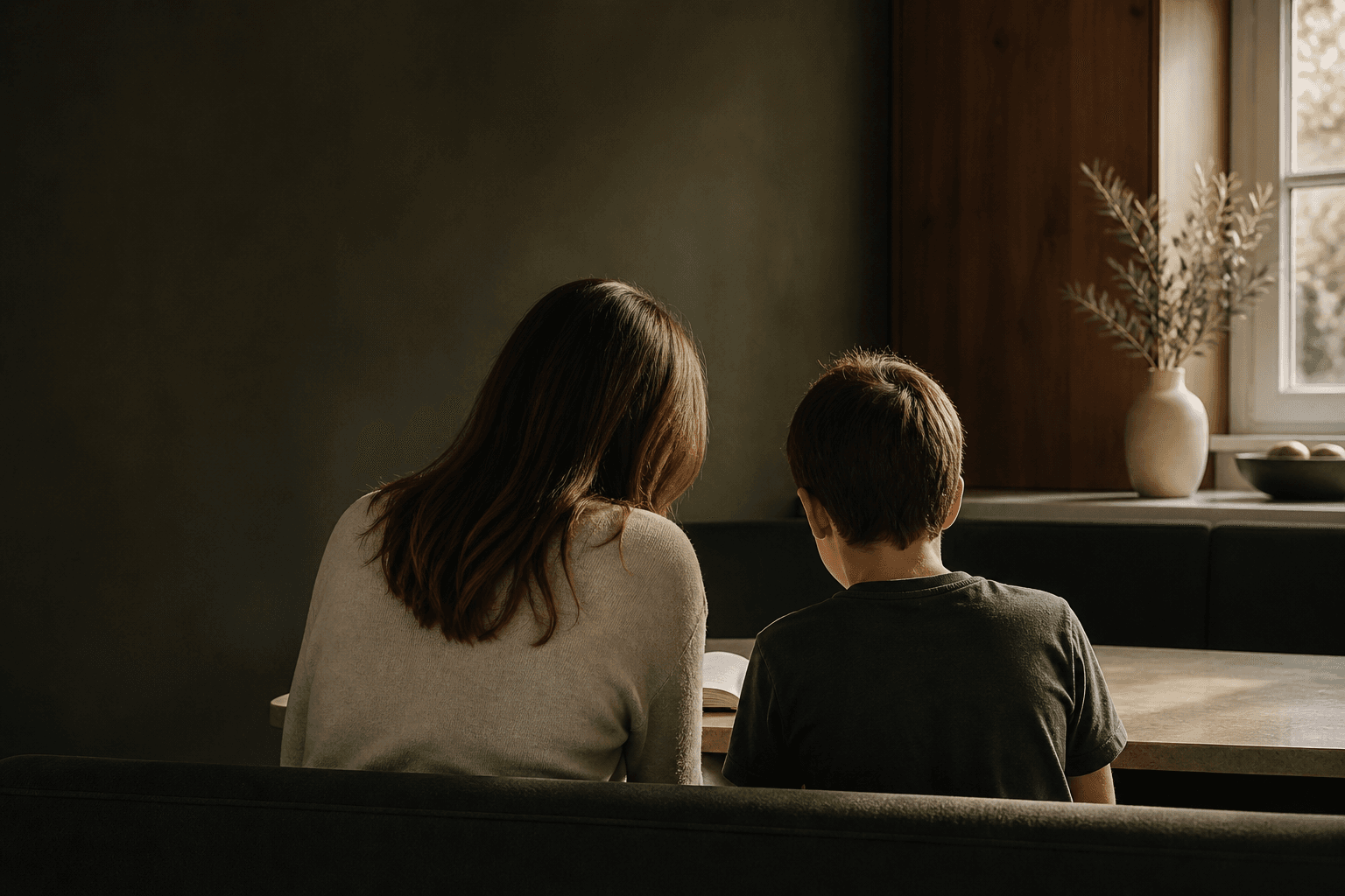 A parent and child seated together at a table, viewed from behind
